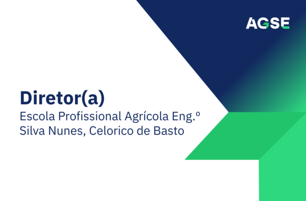 Imagem institucional da AGSE, com fundo branco e formas geométricas em azul e verde à direita. O texto apresenta “Diretor(a)” e, por baixo, “Escola Profissional Agrícola Eng.º Silva Nunes, Celorico de Basto”. No canto superior direito surge o logótipo da AGSE.
