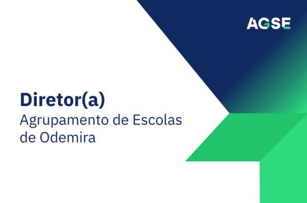 Imagem institucional da AGSE com fundo branco e elementos gráficos em azul e verde. À esquerda lê‑se “Diretor(a) – Agrupamento de Escolas de Odemira”. No canto superior direito está o logótipo da AGSE.