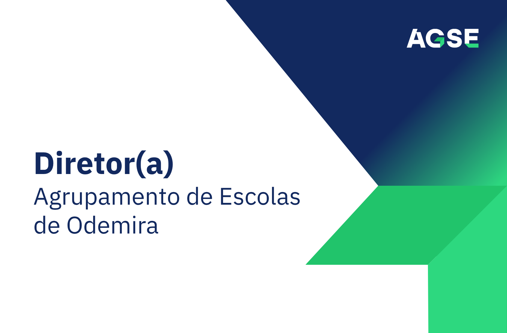 Imagem institucional da AGSE com fundo branco e elementos gráficos em azul e verde. À esquerda lê‑se “Diretor(a) – Agrupamento de Escolas de Odemira”. No canto superior direito está o logótipo da AGSE.