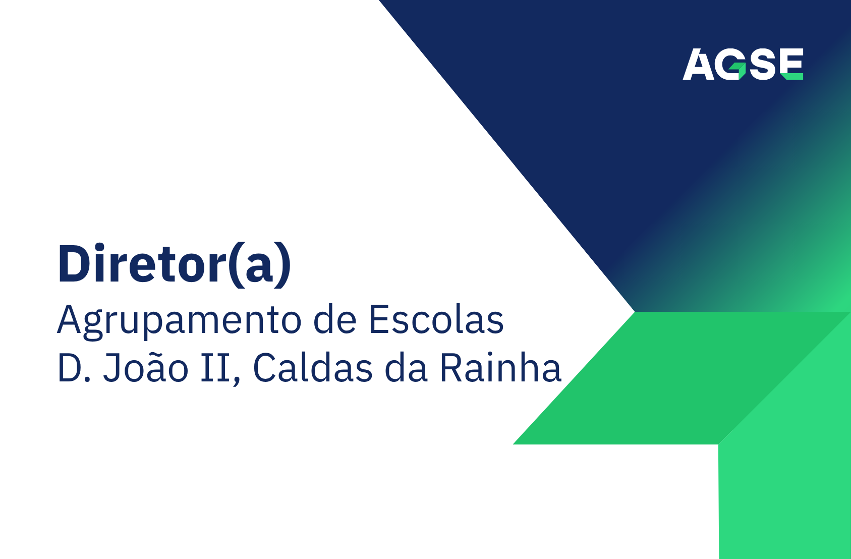 Imagem institucional da AGSE com fundo branco e formas geométricas em azul e verde. À esquerda, texto: ‘Diretor(a) – Agrupamento de Escolas D. João II, Caldas da Rainha. No canto superior direito, logótipo da AGSE.