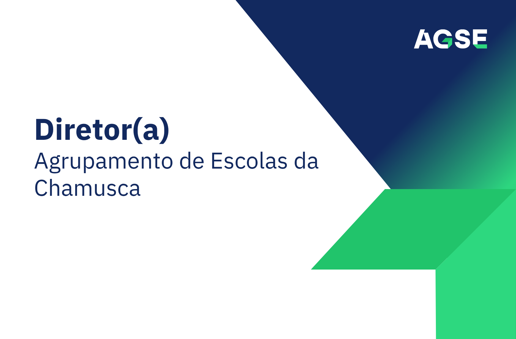 Imagem institucional da AGSE com fundo branco e formas geométricas em azul e verde. À esquerda, texto: ‘Diretor(a) – Agrupamento de Escolas da Chamusca. No canto superior direito, logótipo da AGSE.