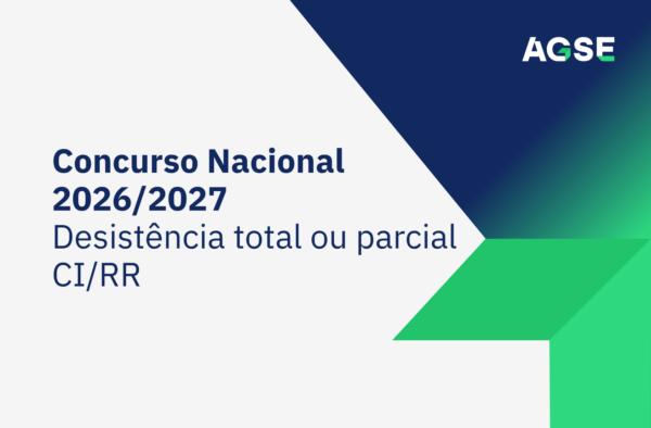 Imagem institucional da AGSE com fundo branco e elementos geométricos em azul-escuro e verde nos cantos. Ao centro, surge o texto “Concurso Ensino Artístico 2026/2027”e abaixo indicado "Desistência total ou parcial CI/RR". No canto superior direito encontra-se o logótipo da AGSE.